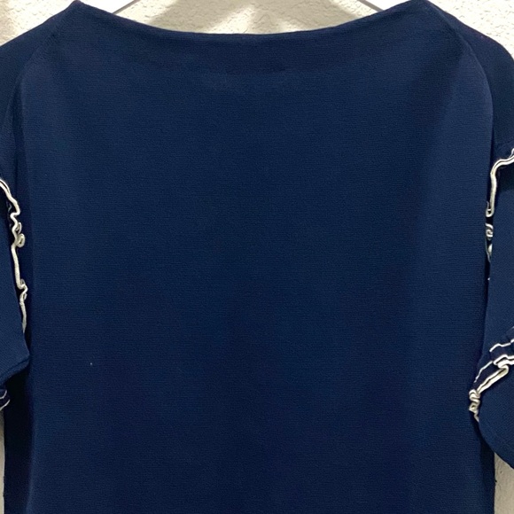 J. Crew Tiered Ruffle Boatneck Sweater- Navy & Ivory- Size Medium - Picture 10 of 13